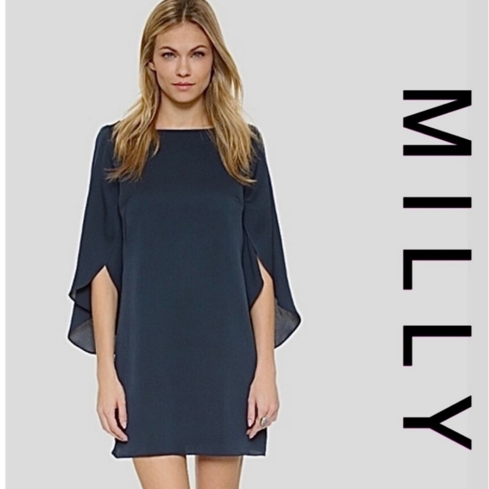 MILLY Silk Mini Butterfly Steel Blue Dress Boat Neck Low Scoop Back Size 4 NWT